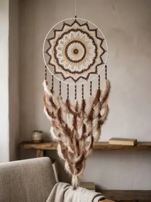 Lapač zlých snů s mandalou 40 x 115 cm v béžové